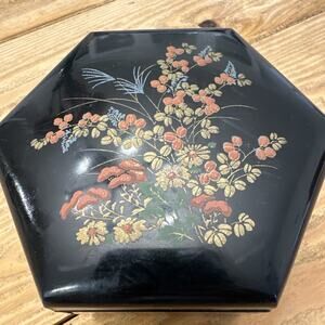 Japanese Stacking Nesting Boxes Hexagon Container 3 Tier Black Lacquer Peacock